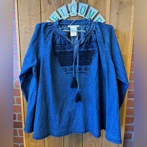 Anthropologie Ne Quittez Pas Hallie Chambray Embroidered Swing Peasant Top